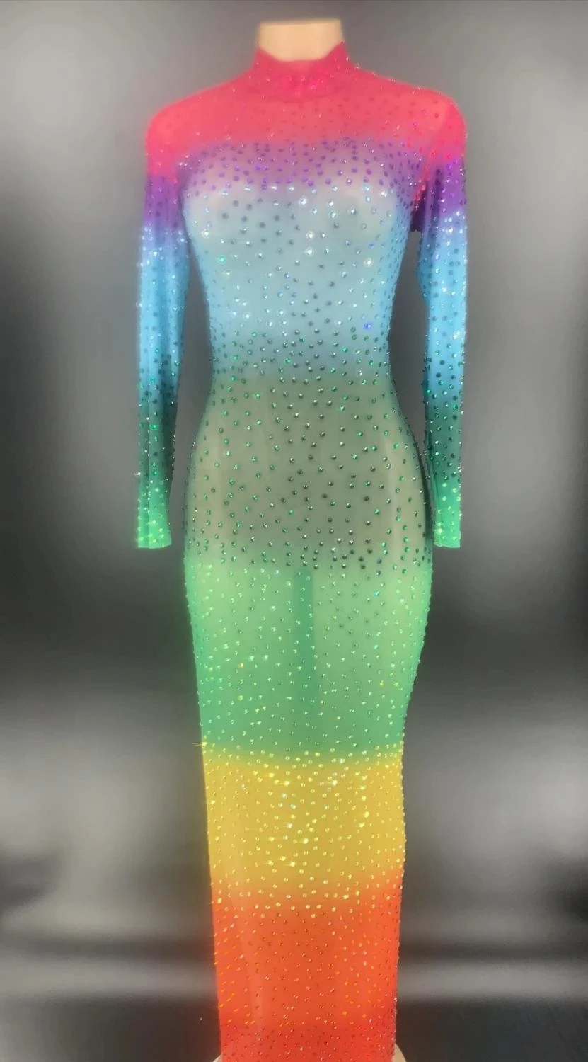 

Luxury Colorful Stones Mesh See Through Long Rainbow Dress Birthday Celebrate Bar Dresses Women Dance Prom Party evening Dress