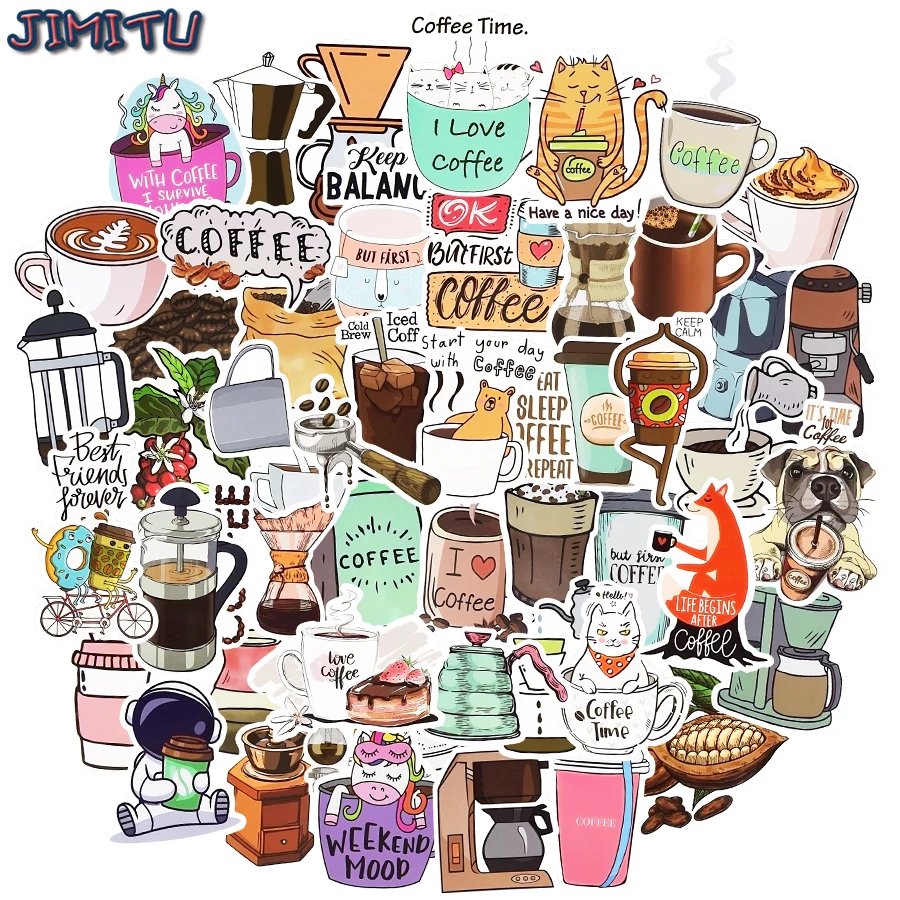 50 PCS Cute Stickers Coffee Cartoon Waterproof Laptop Sticker Pack  DIY Guitar Skateboard Luggage Bicycle Phone Decals Kids Toys