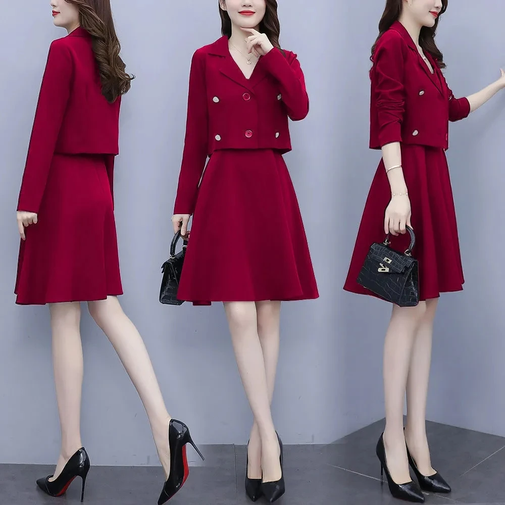 Office Lady Elegant 2 Piece Set Women Elegant Cropped Blazer Jacket And Sleeveless A-Line Tank Dress Suit Spring Thin Outfits