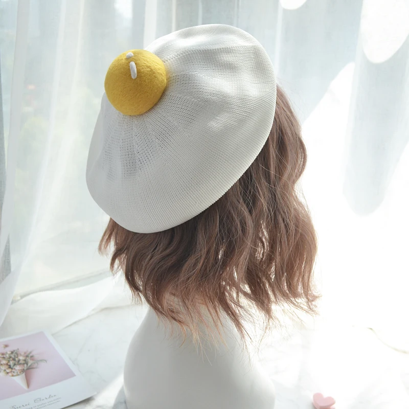 Women's beret hat handmade egg yolk white painter cap spring and summer thin section breathable cute poached egg beanie gift