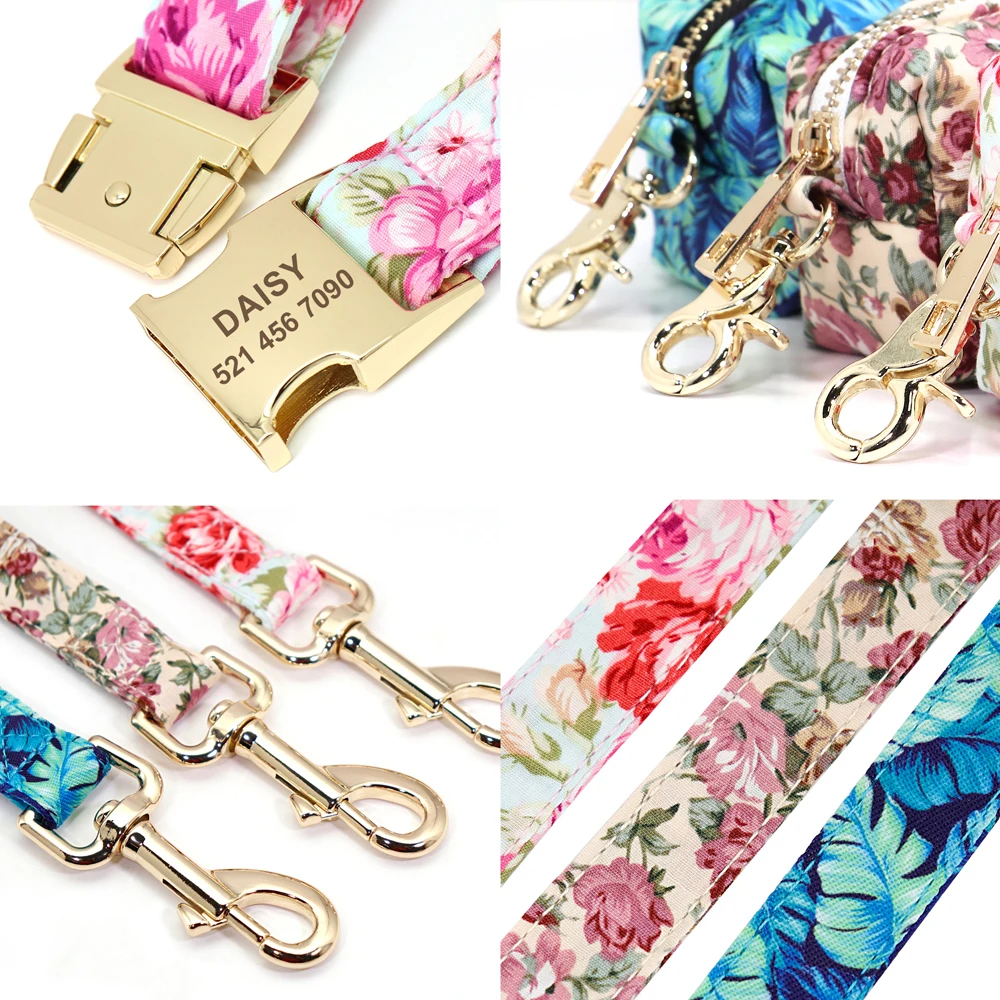 Flower Dog Collar Leash Set Custom Small Medium Large Dog Pet Collars Floral Print Nylon Dog Collars with Treat Bag Snack Bag