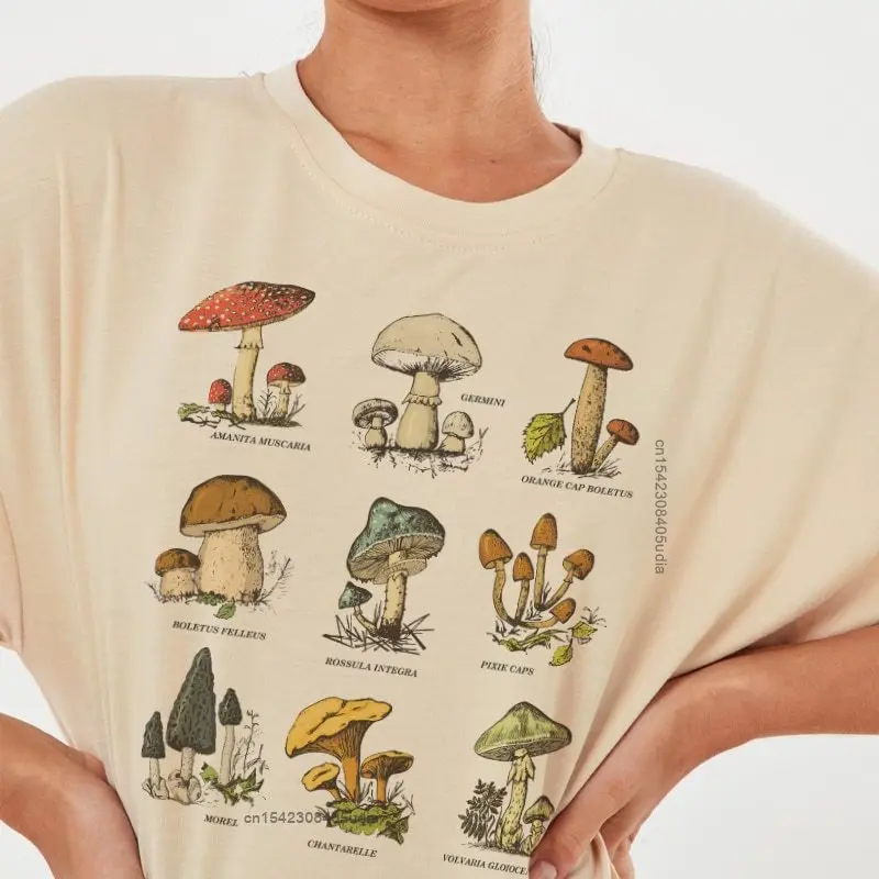 Vintage Fashion Mushroom Print Oversized T Shirt Egirl Grunge Aesthetic Streetwear Graphic Tees Women Tshirt Cute Tops