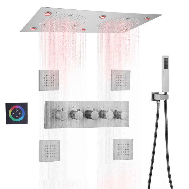 Brushed Nickel Thermostatic Shower Faucet Set 24*12 Inch LED Bathroom Ceiling Embedded Massage Showers Combo Set