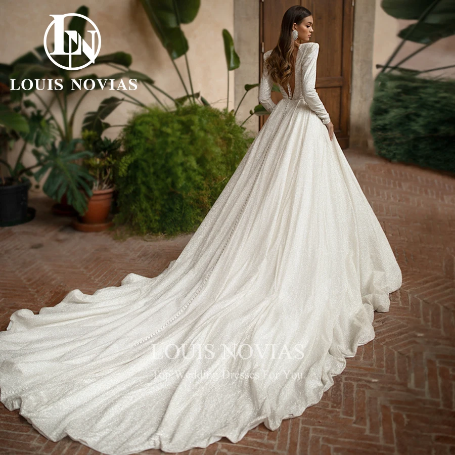 LOUIS NOVIAS Long Sleeve Wedding Dresses For Women Deep V-Neckline Sparkling Bridal Gown A-Line Bride Dresses Vestido De Novia