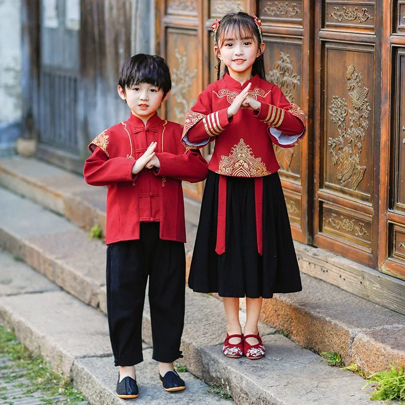 Chinese Lovely Tang Suit Boys Hanfu Embroidery Cotton Children Perform Costumes Girls Traditional Photography Clothing