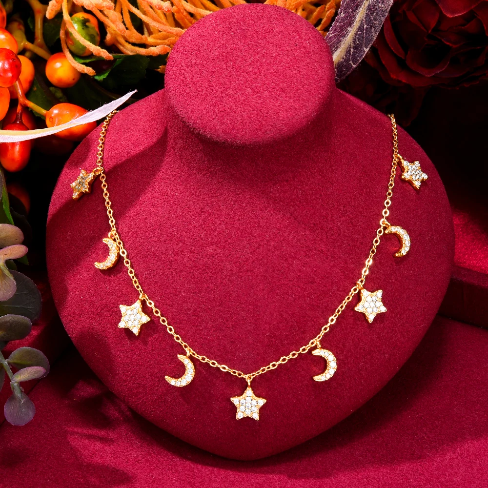 KellyBola New Design Stars Moons Pendant Necklace Chain Jewelry for Women Girl Noble Full Shiny CZ Romantic Party Accessory Gift