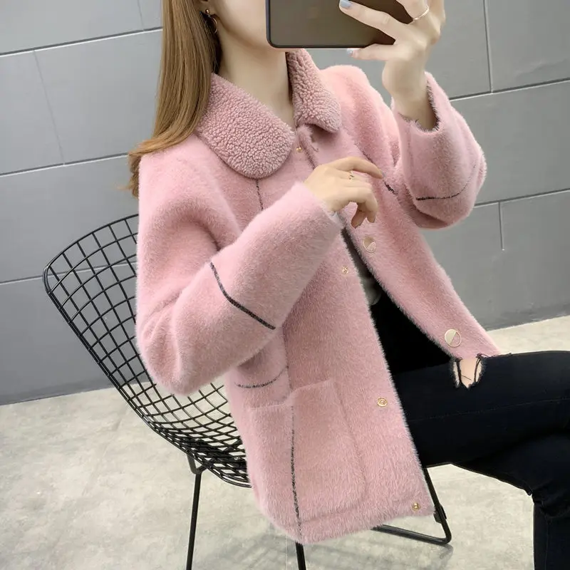 

Korean Knit Sweater Jacket Women Loose Knitting Outerwear Autumn Winter Femmes Imitation Mink Fur Coat Thick Clothes Female