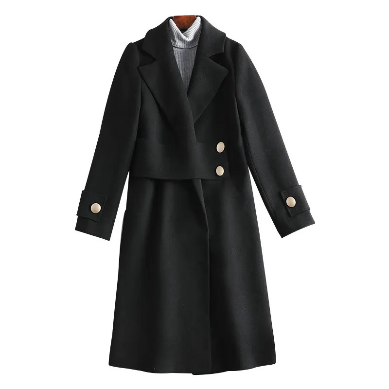 

Fashion Design Black Woolen Coat Autumn Winter Wool blended Jacket Mid-Length Single Breasted Elegant Female Casual Outerwear
