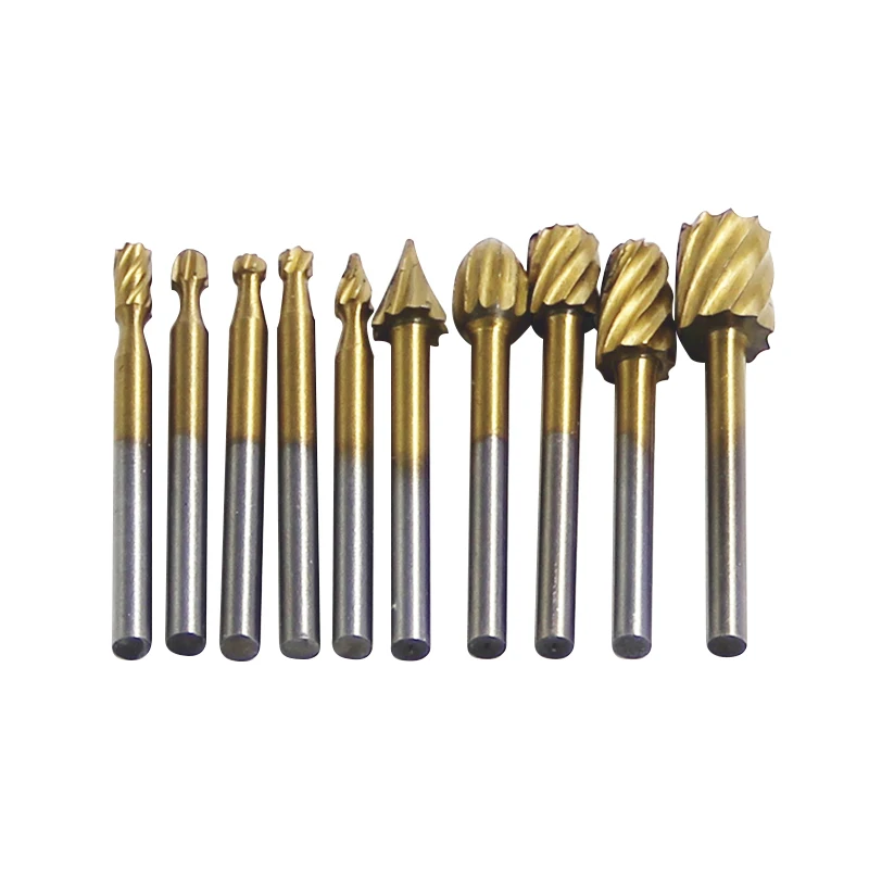 10pcs 1/8'' Shank Titanium HSS Steel Rotary burrs Cutter Engraving Grinding Bit For Rotary file cutter Tools woodworking DIY