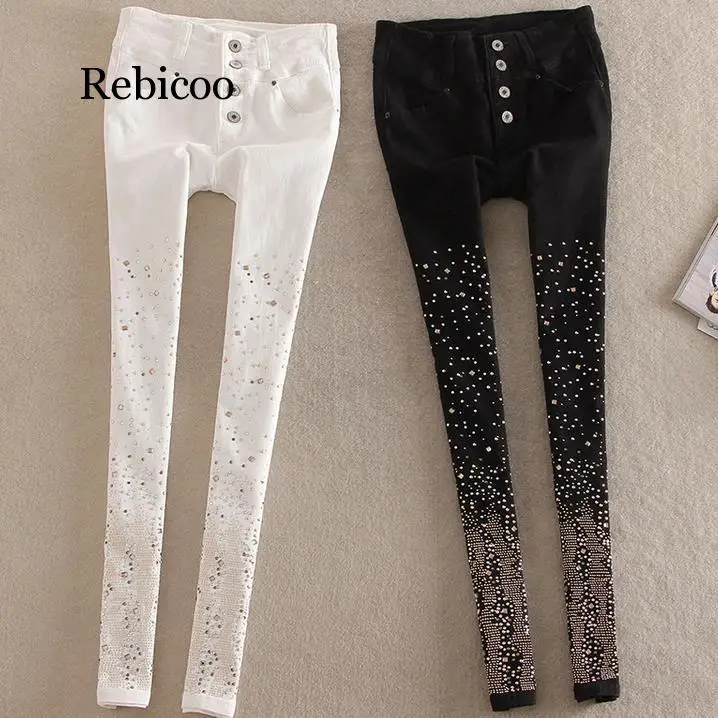 

New cotton jeans women Rhinestone high waist single breasted denim pants feet pencil pants