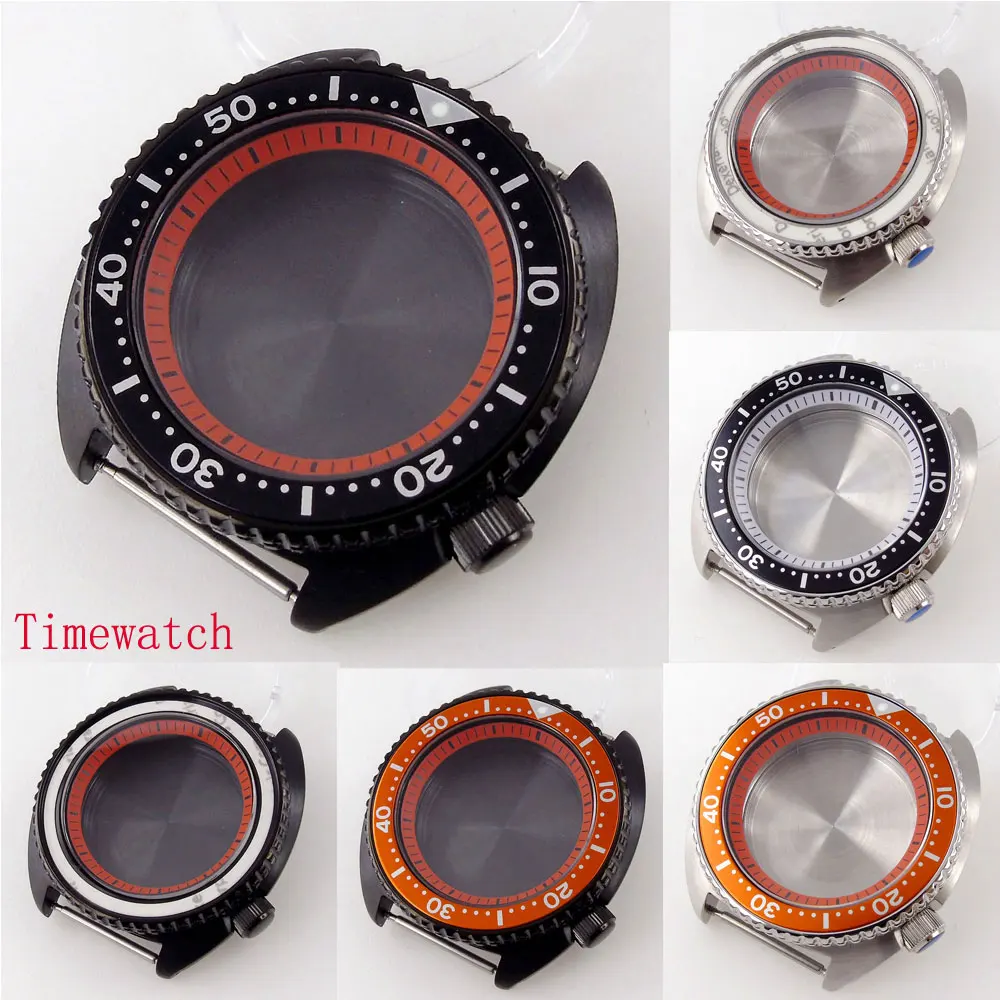 

45mm Sapphire Glass Watch Case For NH35/NH36 Orange/White Chapter Ring Alloy Bezel Insert Brushed Case Screw In Crown