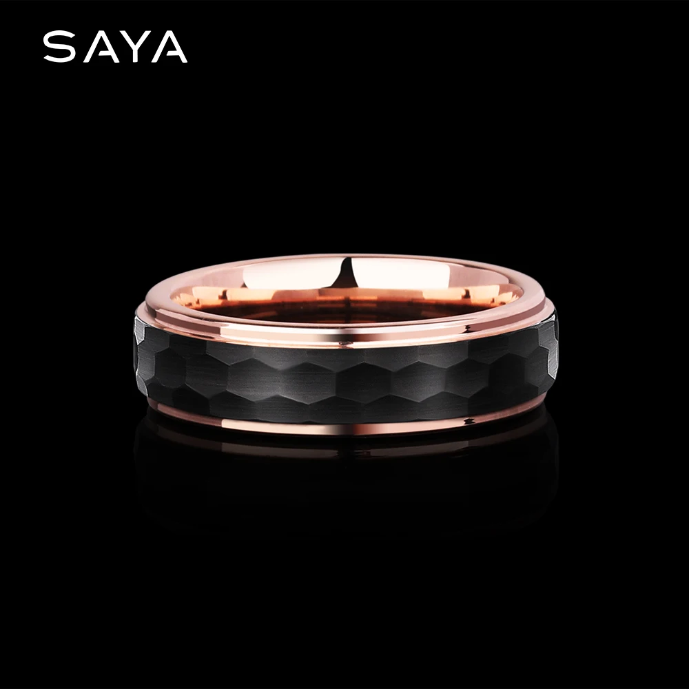 Rings for Men Women, Tungsten Rings for Engagement, Brushed Black Plating Rose Gold Inside, 6mm Width, Customized