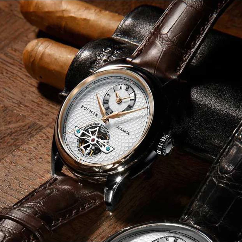 ساعة ميكانيكية أوتوماتيكية للرجال، ساعات رجالي بورمان فاخرة للرجال، ساعة يد ذاتية الرياح مقاومة للماء، هيكل عظمي، حزام فولاذي