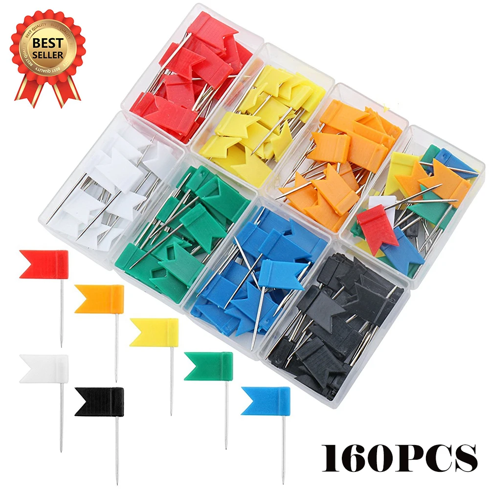 160 Pieces Push Pins Map Flag Tacks Assorted Board Message Paper Fixed Needle Binding Supplies 7 Colors