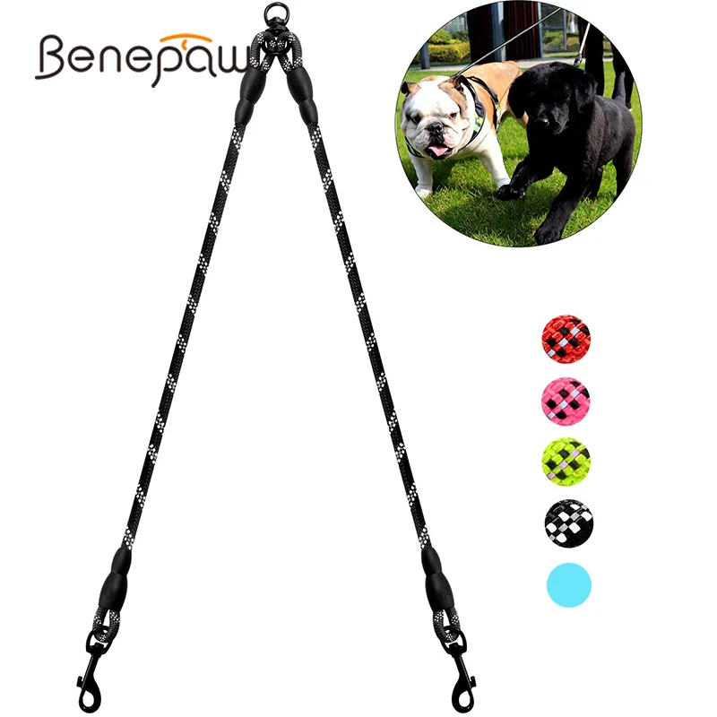 Benepaw Durable Double Dog Leash Coupler Reflective Strong Dual Pet Leash Lead 360° No Tangle For  Small Medium Large Dogs