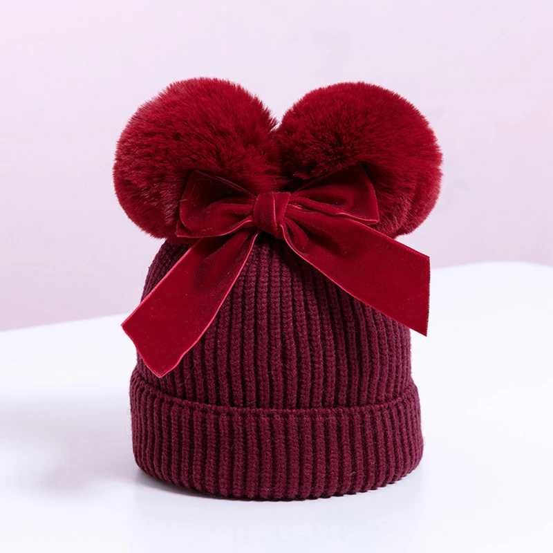 Baby Double Pompom Hat Velvet Bow Winter Girls Warm Knit Thicker Pom Pom Hats Ball Children Beanie Cap Kids Bonnet Casquette