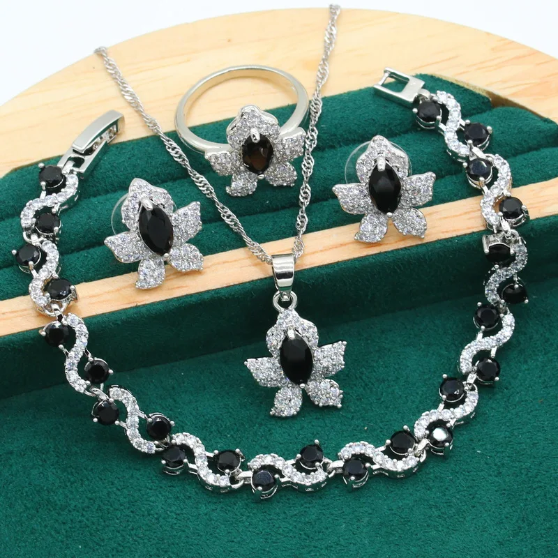 New Arrivals Silver Color Jewelry Set for Women Wedding Black Zircon Bracelet Earrings Necklace Pendant Ring 4 Colors Available