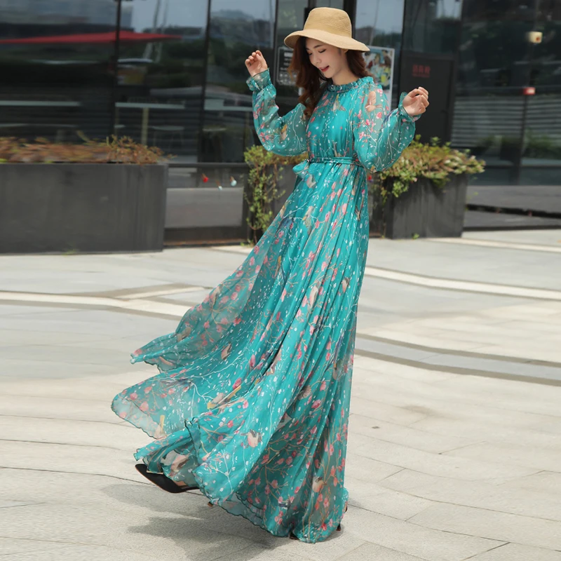 2023 New Arrives Chiffon Long Sleeve Floral Print Dress Boho Plus Size Women Beach Party Garden Maxi Dress Elegant Vestidos Robe