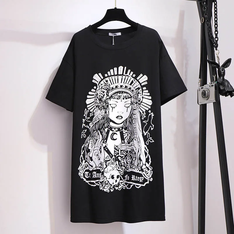 150Kg Plus Size Women\'s Summer Black Wind Witch Print T-Shirt Bust 157cm 6XL 7XL 8XL 9XL 10XL Loose Long O-Neck Short Sleeve Top