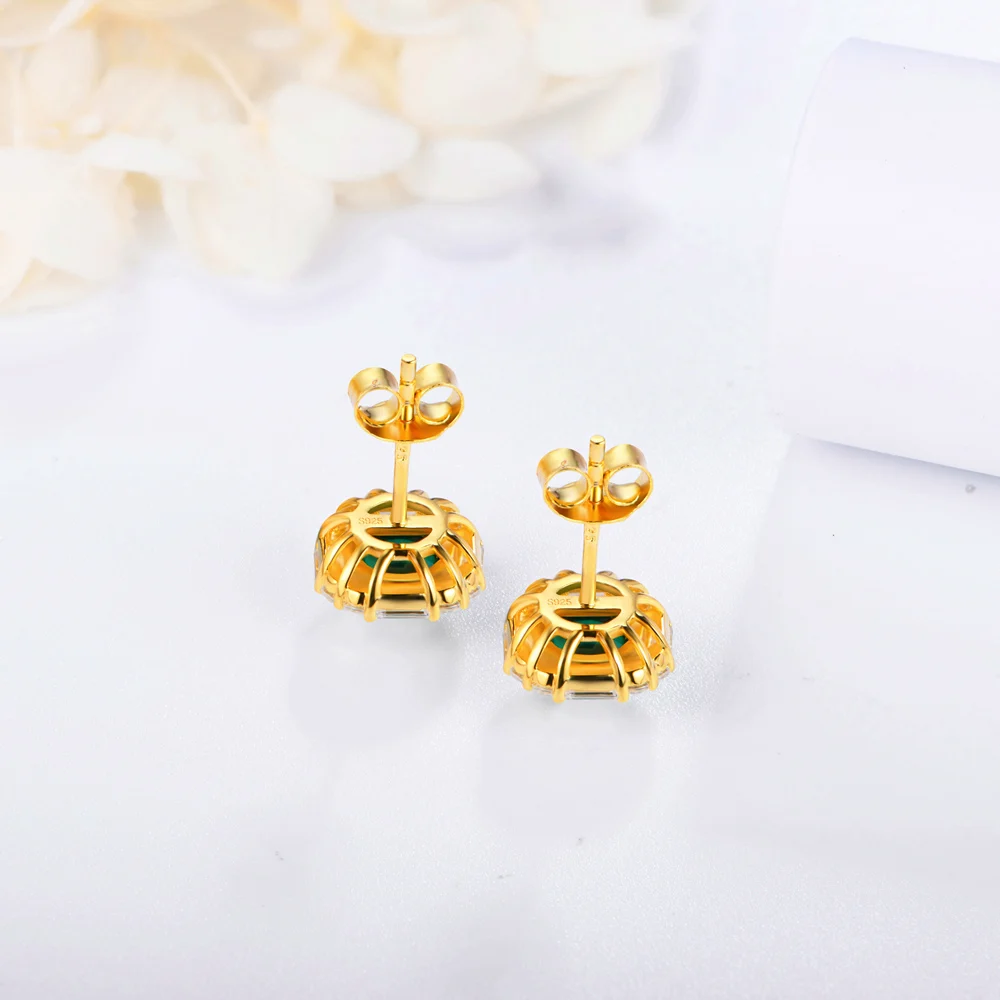 ATTAGEMS 100% 925 Sterling Silver Round Emerald Moissanite Gemstone Engagement 18K Gold Plated Earrings For Women Fine Jewelry