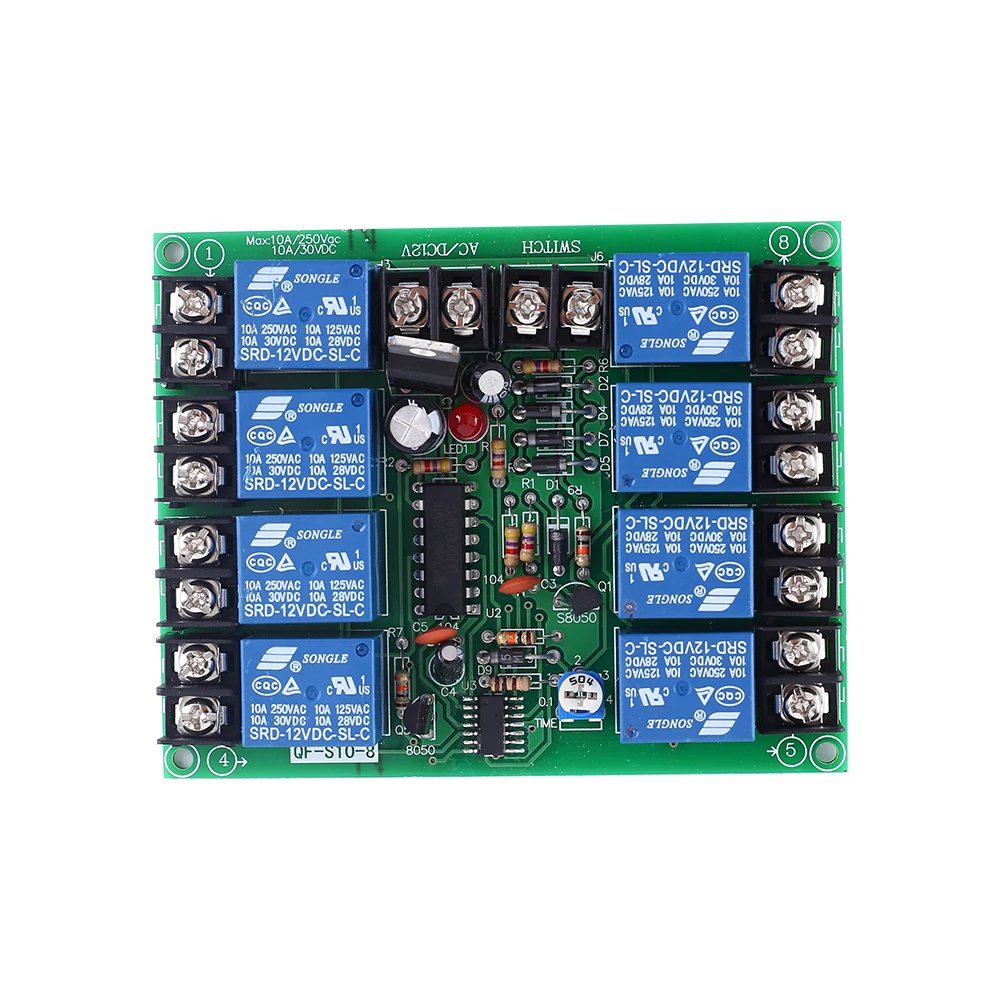 Power Time Sequence Board 0.2-4s Adjustable Sequential Controller Module AC DC 12V 10A 8-Channel 8CH For Audio KTV Stage Light