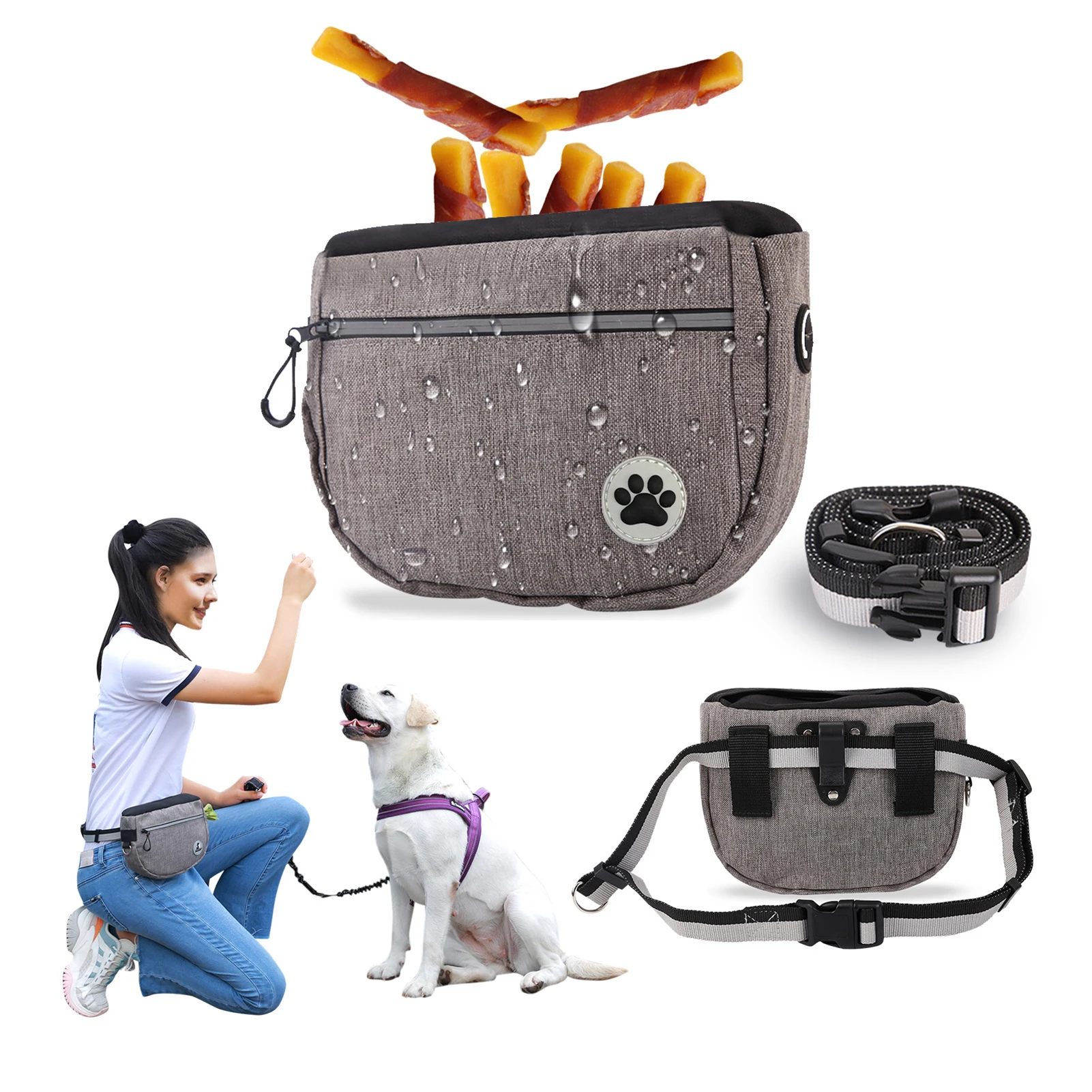 Waterproof Dog Treat Bag Outdoor Pet Training Pouch Snack Bag Waist Pocket Large Capacity Treat Bags With Pets Rope Waistband