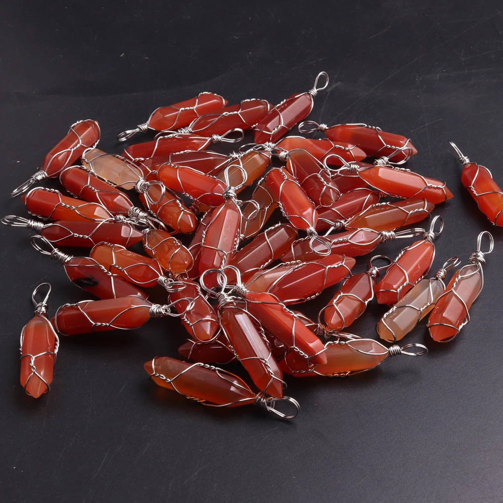 50/100pcs/lot Natural Stone Red Agates Carnelian Necklace Pendants Wire Wrap Hexagonal Column Pendant Factory Bulk Wholesales