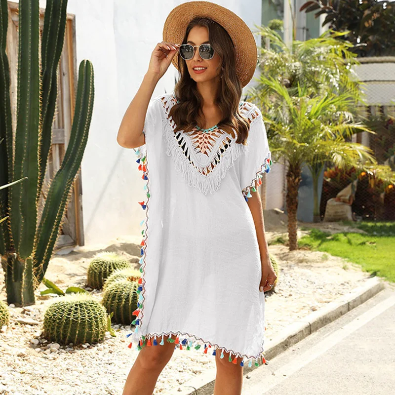 

New Crochet Beach Cover-ups Summer Tunic Cover Up Long Knitted Beachwear Swimsuit Ups for Women Vestido Playa Mujer White Dress