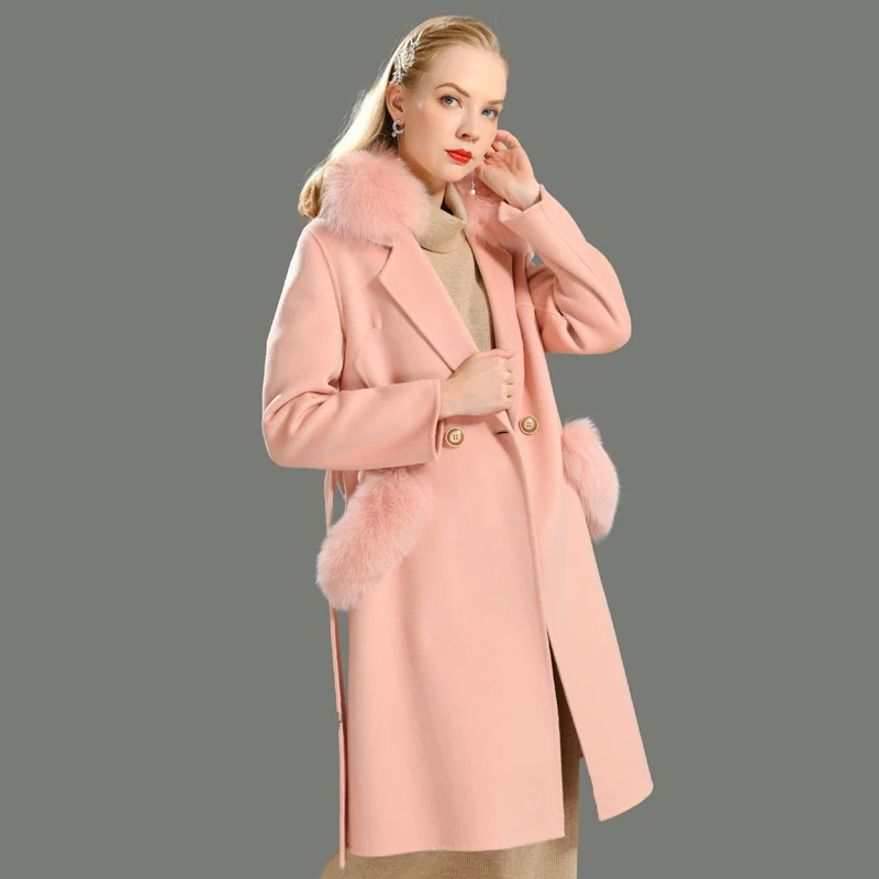 Autumn Spring Women New Long Cashmere Wool Blends Real Fur Coat Belt Winter Jacket Women Natural Fox Fur Collar and Pocket