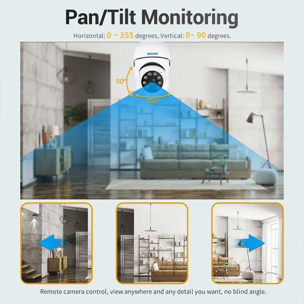 ESCAM PT208 2MP 1080P E27 Lamp Head Socket IP Camera Onvif AI Humanoid Wireless PTZ Intercom Baby Monitor YCC365 APP