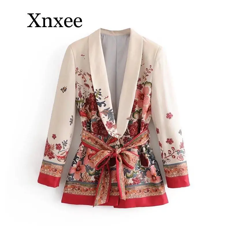 red Female Suit Jacket Belt Wide Leg Pant Suit Set Harajuku Women Coat Spring Elegant Outwear Lady Blazer floral Print Vintage