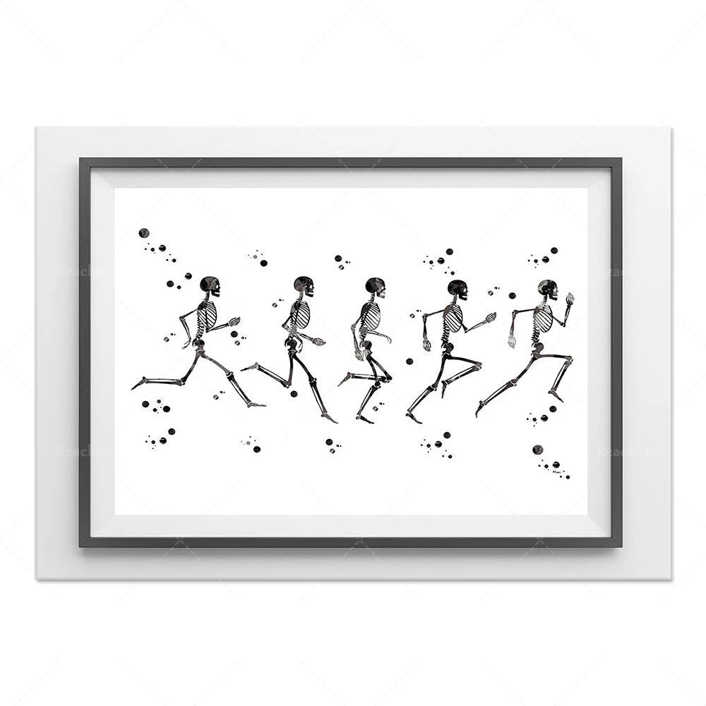 Skeleton Running Phases Watercolor Print Skeletal System Poster Clinic Physical Therapist Runner Sport Human Bones Anatomy Medic view 4