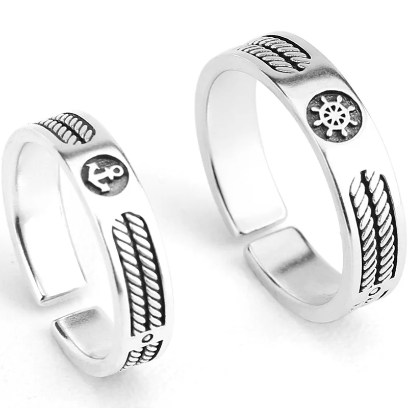QEENKISS 925 Sterling Silver Ring for Men Women Vintage Open Ship Ancher Rubber Cable Couple Ring Fine Jewelries Gift RG6784