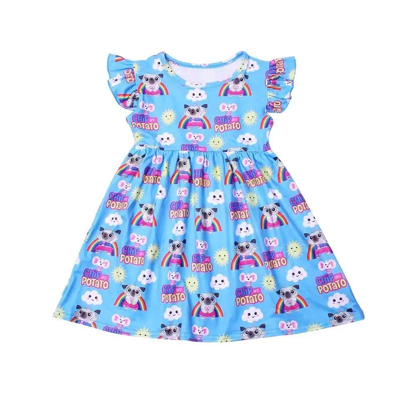Vestido de verano para niños pequeños con patatas fritas, vestido de Boutique con manga de perla azul para niños, ropa acampanada hasta la rodilla de seda de leche, venta al por mayor
