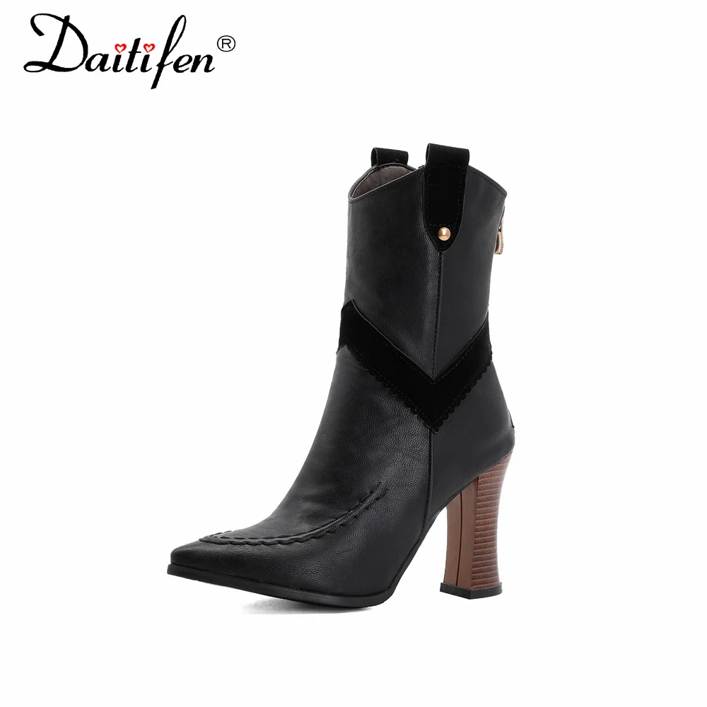 

Daitifen Women Fashion Buckle Design Side Zipper Winter With Fur Boots Western Style Mid Calf High Heels Boots Women Dress Pumps