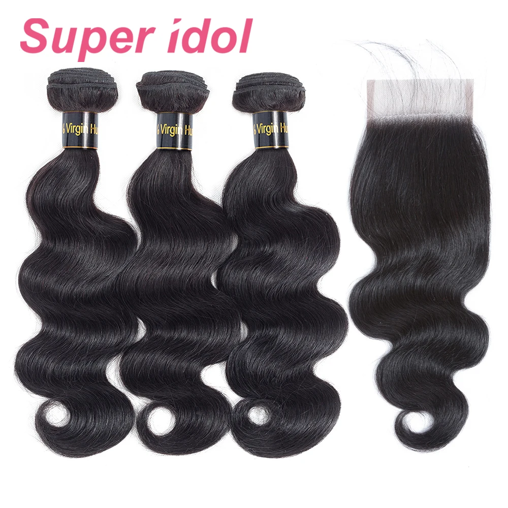 Super Body Wave Human Hair Bundles With Closure Lace Closure Remy Brazilian Hair Body Wave 3/4 Bundles With Closure Extension