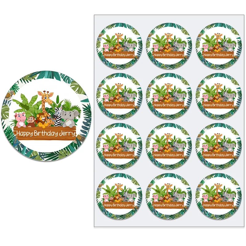 Customize Stickers Forest Jungle Safari Animal Supplies Stickers Happy Birthday Party Decor Gift Box Packing Label Baby Shower