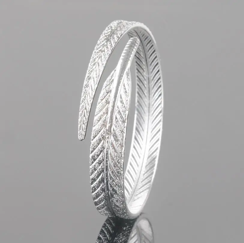 Unique Women 925 Sterling Silver Leaf Bangles Open Cuff Bracelets & Bangles Fine Jewelry pulseras