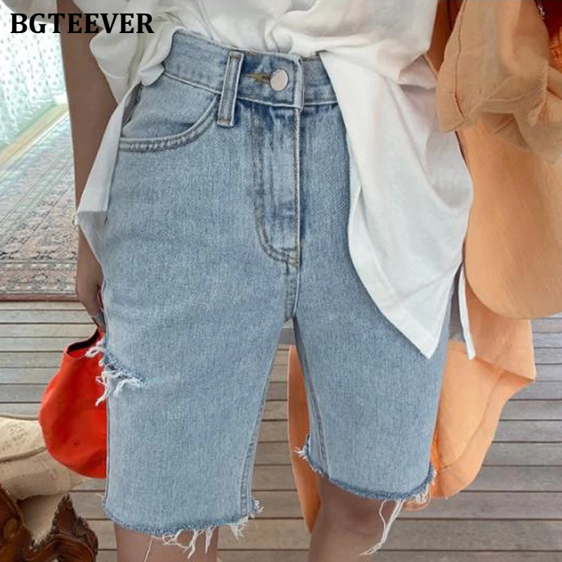 BGTEEVER Summer Casual Hot Shorts for Women High Waist Riped Button Up Female Denim Shorts Jeans Femme 2021 Streetwear