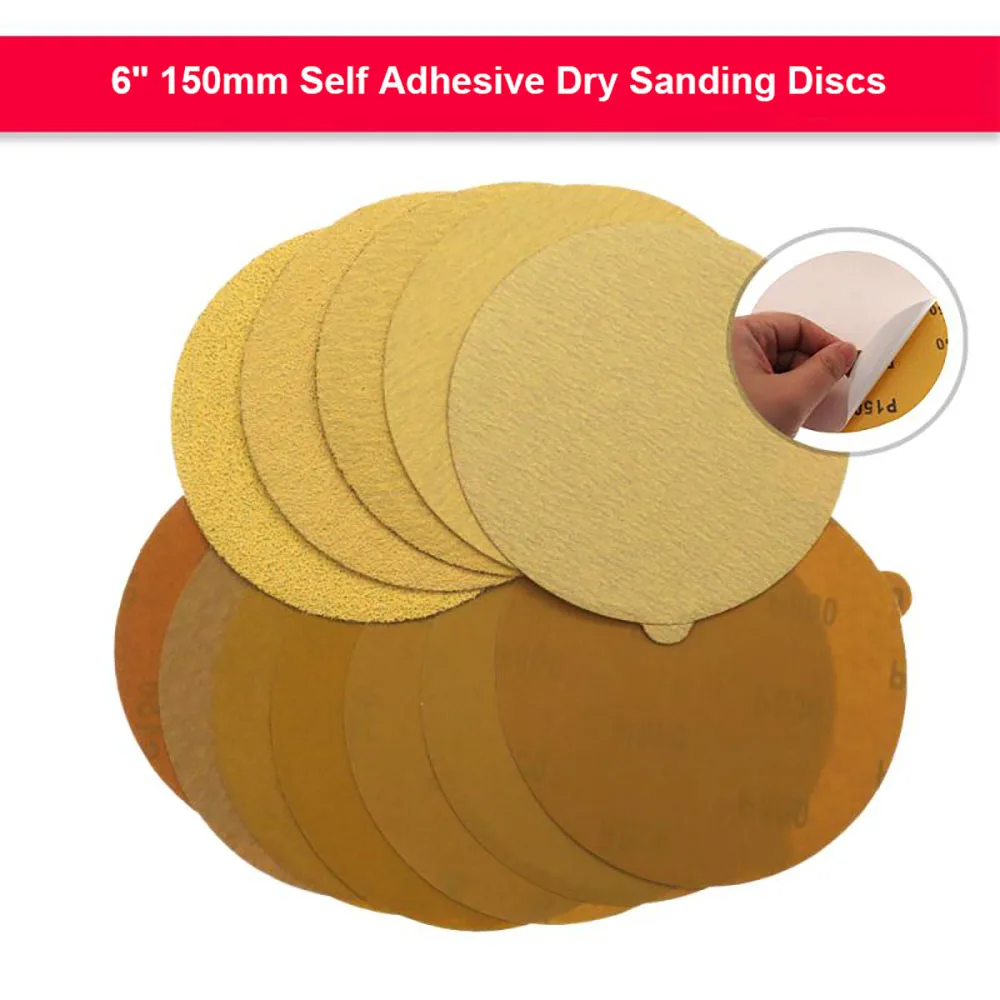 5pcs 6 Inch 150mm Self Adhesive Sanding Discs Yellow Aluminum Oxide Dry Sandpaper Glue-lined Round Backing Pads 40 to 800 Grit