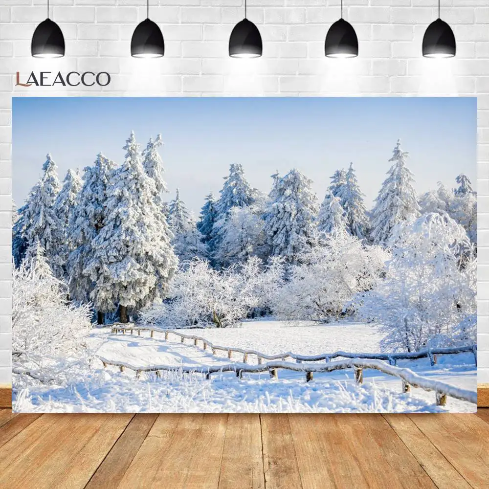 Laeacco Winter Backdrops Heavy Snow Pine Forest Wooden Fence Children Portrait Scenic Photo Backgrounds Photocall Photo Studio