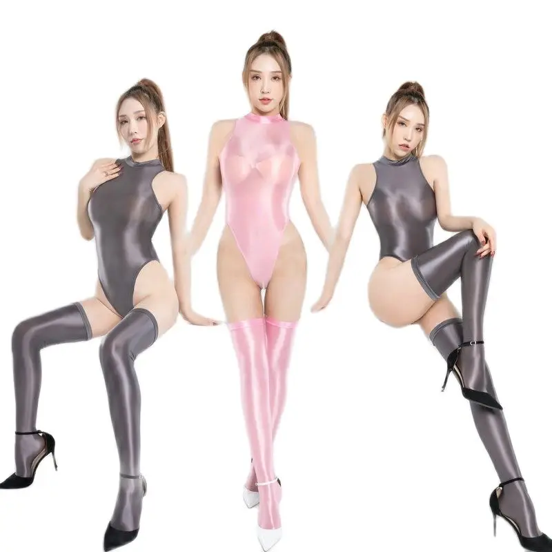 

DROZENO Solid color sexy glossy sexy tights bikini nightclub high-fork jumpsuit see-through swimsuit three-point jumpsuit + sock