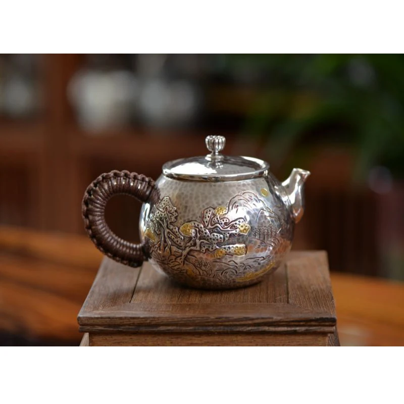 Silver pot 999 sterling silver handmade tea set Japanese retro teapot kettle home tea ceremony Kungfu tea set 800ml