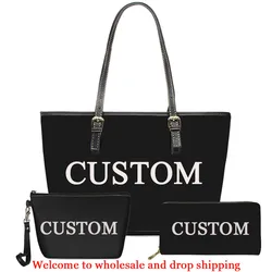 Printed Women's Bags Custom Your Name Image Logo Handbags and Wallet Set PU Leather Shoulder Purse Set Large Beach Zipper Bags