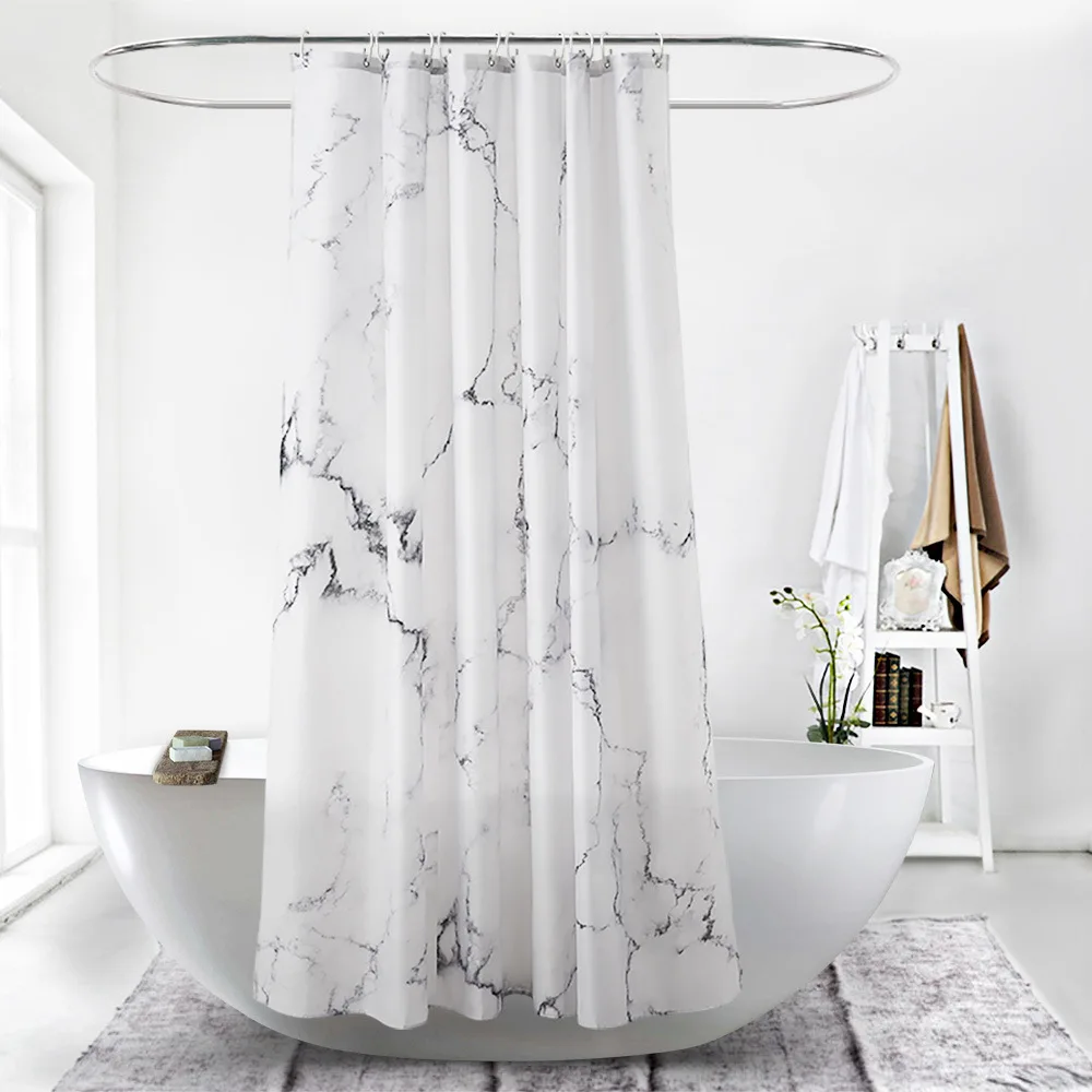 European style marble printed waterproof fabric shower curtain bathroom bathtub high quality durable curtain with hooks