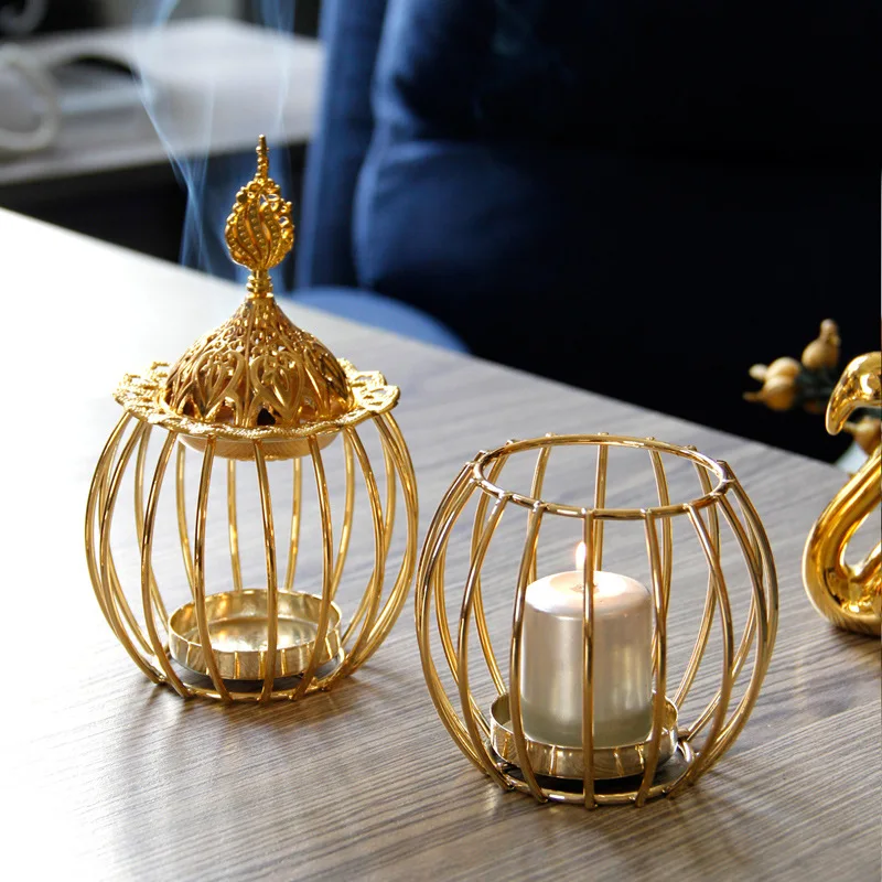 European Luxury Gold Metal Incense Burner and Candlestick, Wedding Party Candle Holder, Home Table Decoration, 2 in 1