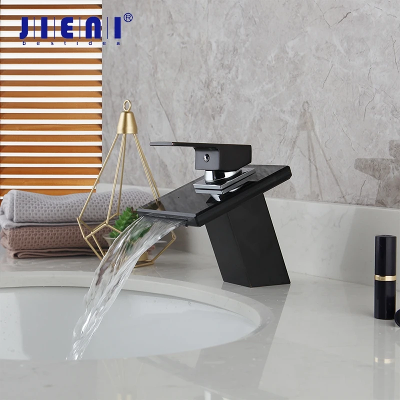 

JIENI Black Glass Waterfall Bathroom Faucet ORB & Chrome Deck Mounted Solid Brass Wash Basin Sink Vessel Tap Mixer Faucet