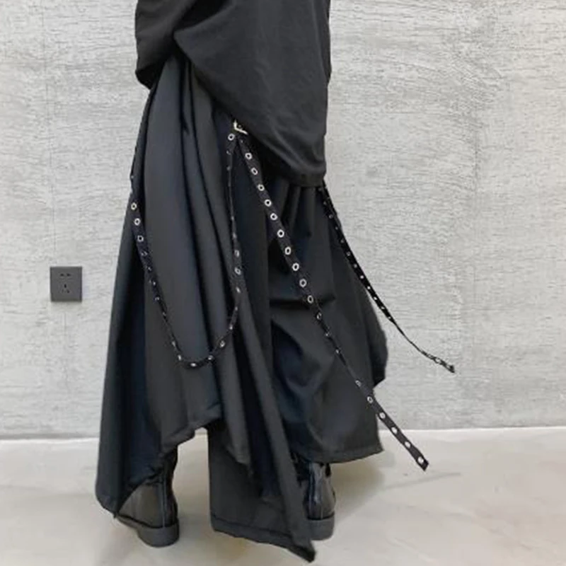 Men Ribbon Dark Black Wide Leg Pants Male Women Japan Punk Gothic Harem Trousers Kimono Skirt Pants