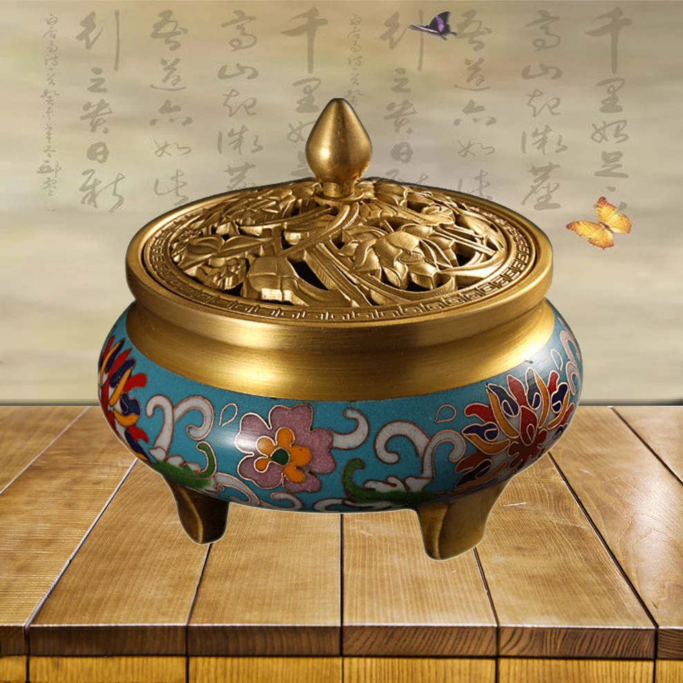 

3-Legged Copper Incense Burner Cloisonne Lotus Stove Enamel Coil Incense Burner Aromatherapy Furnace Home Decorative Ornaments