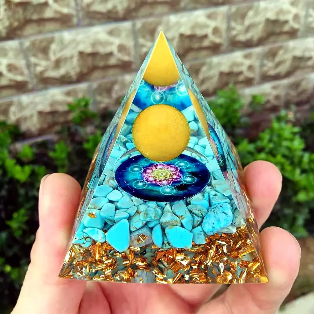 HANDMADE Yellow carneol Crystal Sphere & calaite Orgone Pyramid 60MM Reiki Energy Healing Chakra Meditation